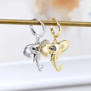 Cute S925 silver elephant hoop earrings for women in gold and silver metal finishes