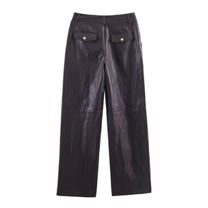 Pantalón recto de cuero sintético morado oscuro con talle alto y bolsillos de solapa chic