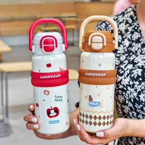 Detail of portable cartoon vacuum flask with dual-drink lid and silicone handle