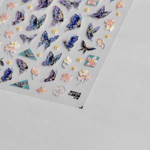 Stickers à ongles 3D en relief avec papillons bleus et fleurs de pêcher pour le nail art