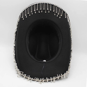 Detailed view of black cowboy hat with shimmering silver rhinestone fringe along the brim