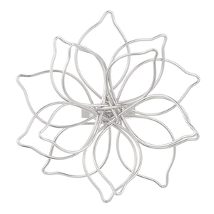 Detailed top view of large silver metal hollow flower ring with woven wire texture
