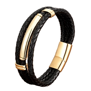 Multilayer braided black leather bracelet with gold curved metal bars and magnetic clasp