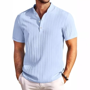 Men's light blue vertical striped linen cotton Henley shirt with short sleeves and stand collar