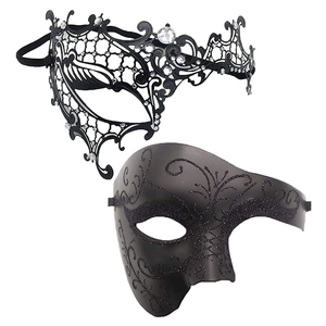 Set di maschere veneziane in metallo filigranato nero con strass e glitter scintillanti