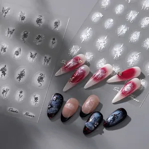 Embossed Nail Art Stickers Relief White Snake Flower Butterfly Self Adhesive Ultra Thin Japanese Style DIY Decoration