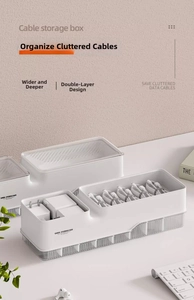 Detail view of the white double-layer cable organizer box with a ribbed transparent base