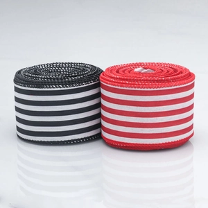 Classic red and black striped faux linen ribbons with wired edges for DIY Christmas crafts