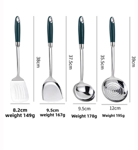 Detailed specs of 304 stainless steel kitchen tool set with green handles and dimensions