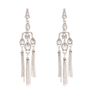 Elegant silver long tassel drop earrings with sparkling rhinestones for wedding occasions