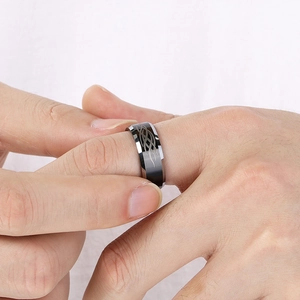 Men's black tungsten steel ring with flame pattern and tribal totem engraving