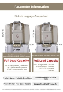 Size chart showing large and small Oxford travel bags with trolley sleeve dimensions
