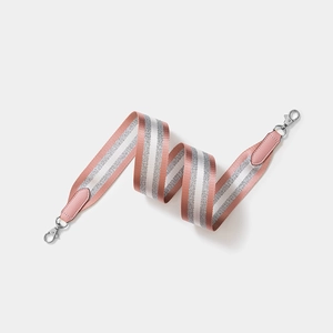 Pink and silver striped woven wide replacement shoulder strap with leather ends and metal clips
