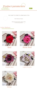 Detail view of 11cm artificial rose hair claw clips showing color options and dimensions
