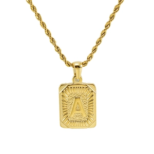 18K gold plated stainless steel rectangle pendant necklace featuring initial A and rope chain