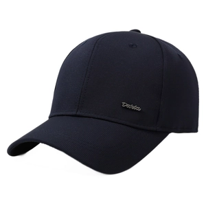 Navy blue baseball cap with vertical texture and silver metal Daria logo plate