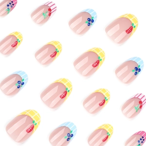 Cute fruit cartoon short round press-on nails with plaid and stripe patterns