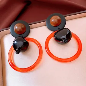 Retro Geometric Drop Earrings With 925 Sterling Silver Earring Post Resin Wooden Beads Hollow Orange Hoop Ethnic Style