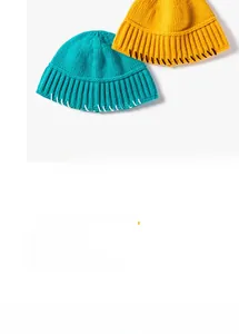 Detail of hand-stitched contrast seams on yellow and blue knit beanies for women
