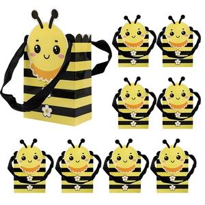 Bee Theme Candy Gift Box Paper Party Favor Bag With Ribbon Handle Yellow Black Striped Pattern For Birthday Wedding