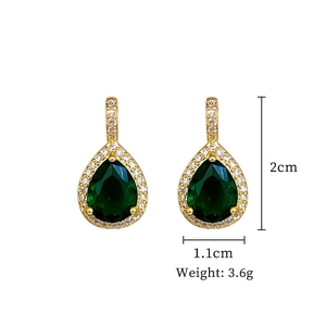 Detailed view of green teardrop earrings with dimensions 2cm by 1.1cm and 3.6g weight