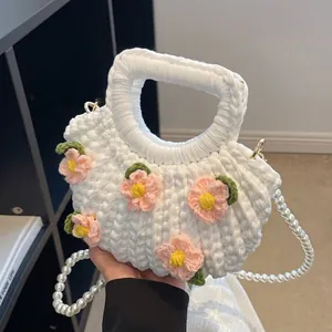 Handmade crochet gardenia shell bag with pink flower charms and pearl strap