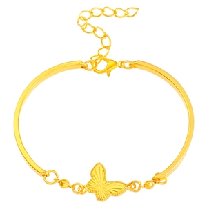 Elegant gold butterfly bangle bracelet with textured wings and adjustable lobster clasp chain
