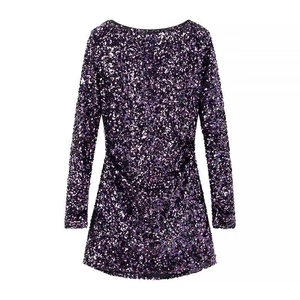 Women Sequin Mini Dress Long Sleeve Backless Round Neck Sexy Party Evening Clubwear Deep Purple