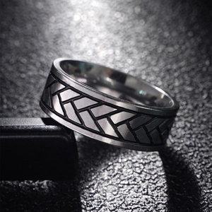 Men's titanium steel skull ring with embossed braided texture in dark silver punk style