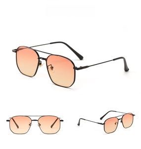 Detail view of retro double bridge black metal sunglasses with orange gradient lenses