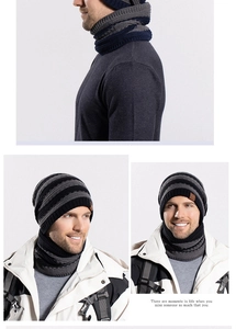 Detailed close-up of winter knit beanie and neck warmer set with striped texture