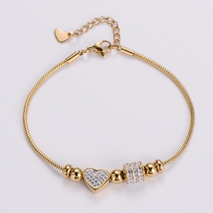 Minimalist gold stainless steel heart charm bracelet with sparkling crystal beads and lobster clasp