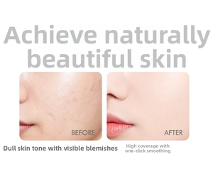 Macro shot showing high coverage effect on skin blemishes using peach makeup sponge