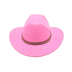 Detailed front view of pink felt cowboy hat featuring a rhinestone studded leather band