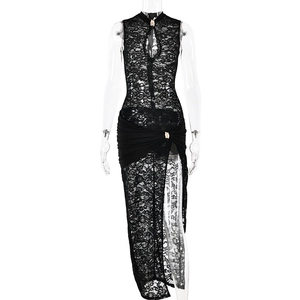 Elegant black lace sleeveless high neck dress with hollow out detail and high slit