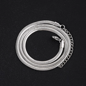 Détail d'une chaîne serpent argentée avec fermoir mousqueton et chaînette d'extension