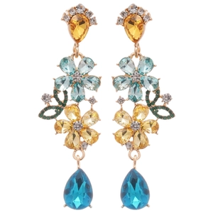 Floral crystal drop earrings with blue and yellow gemstones in silver-plated alloy settings