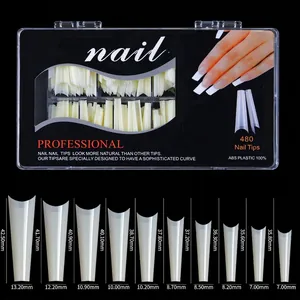 Size chart for 500pcs long stiletto nail tips showing lengths and widths in millimeters
