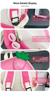 Pink kids strawberry backpack details featuring adjustable straps and 3D silicone decor