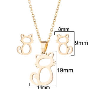 Golden hollow cat pendant necklace and earrings set with detailed dimensions