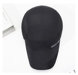 Detail of black breathable mesh and quick-dry fabric on sports cap with SPORTS text