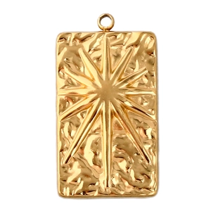 Detail of a rectangular gold stainless steel pendant with an embossed starburst pattern