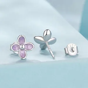 S925 sterling silver lilac flower stud earrings with purple enamel petals and silver balls