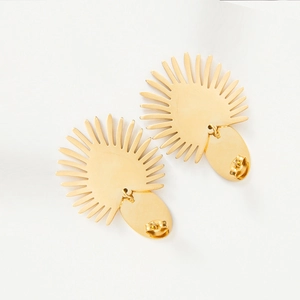 Golden sunburst fan-shaped stud earrings with geometric stainless steel design for women