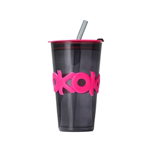 Minimalist grey coffee tumbler with pink silicone sleeve and matching metal straw