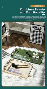 Detailed close-up of rectangular water ripple tray with golden handles and emerald texture