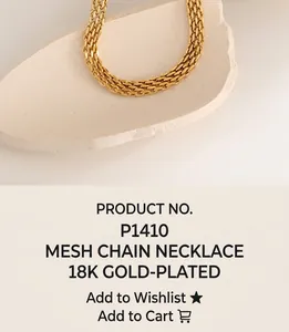 Close-up of flat woven 18K gold-plated titanium chain with intricate metal mesh texture