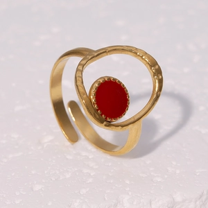 French vintage adjustable 18k gold plated stainless steel ring with red enamel inlay