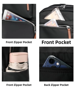 Detail view of the multi-functional compartments and storage pockets on black backpack