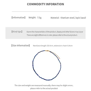 Size chart showing 38.4cm lapis lazuli beaded necklace with 8.4cm titanium steel chain